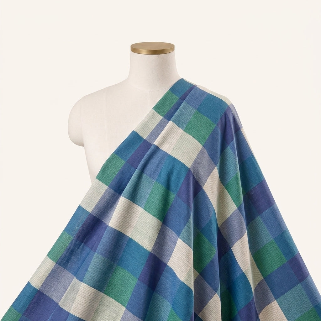 Blue Checked Raw Silk Fabric Draped as a saree