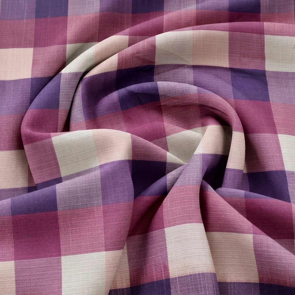 Swirled Violet Checked Raw Silk Fabric Showing Drape