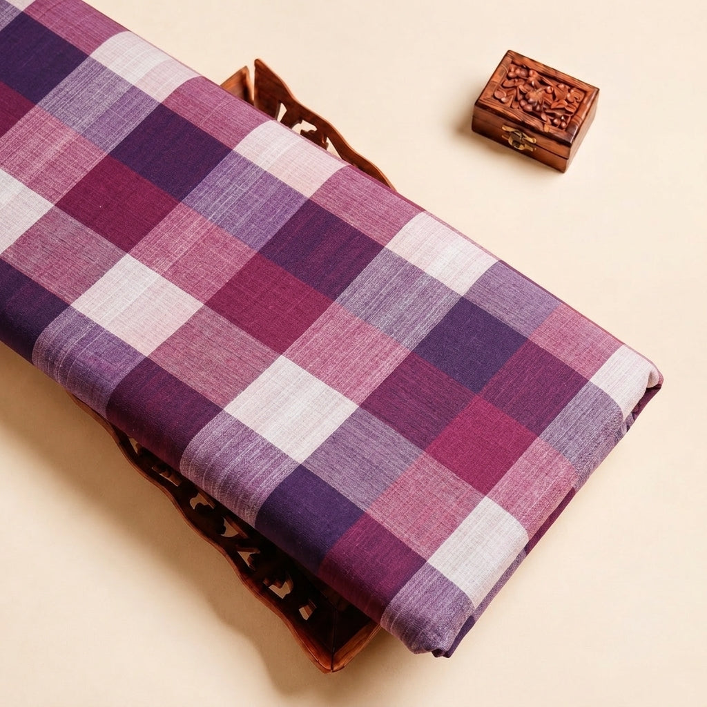 Violet Checked Raw Silk Fabric