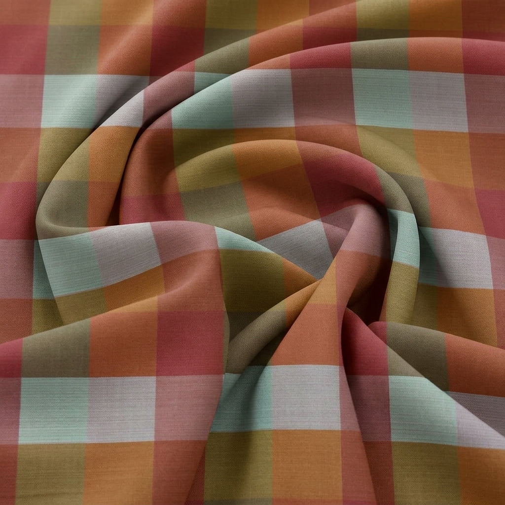 Swirled Mehndi Green Checked Raw Silk Fabric Showing Drape
