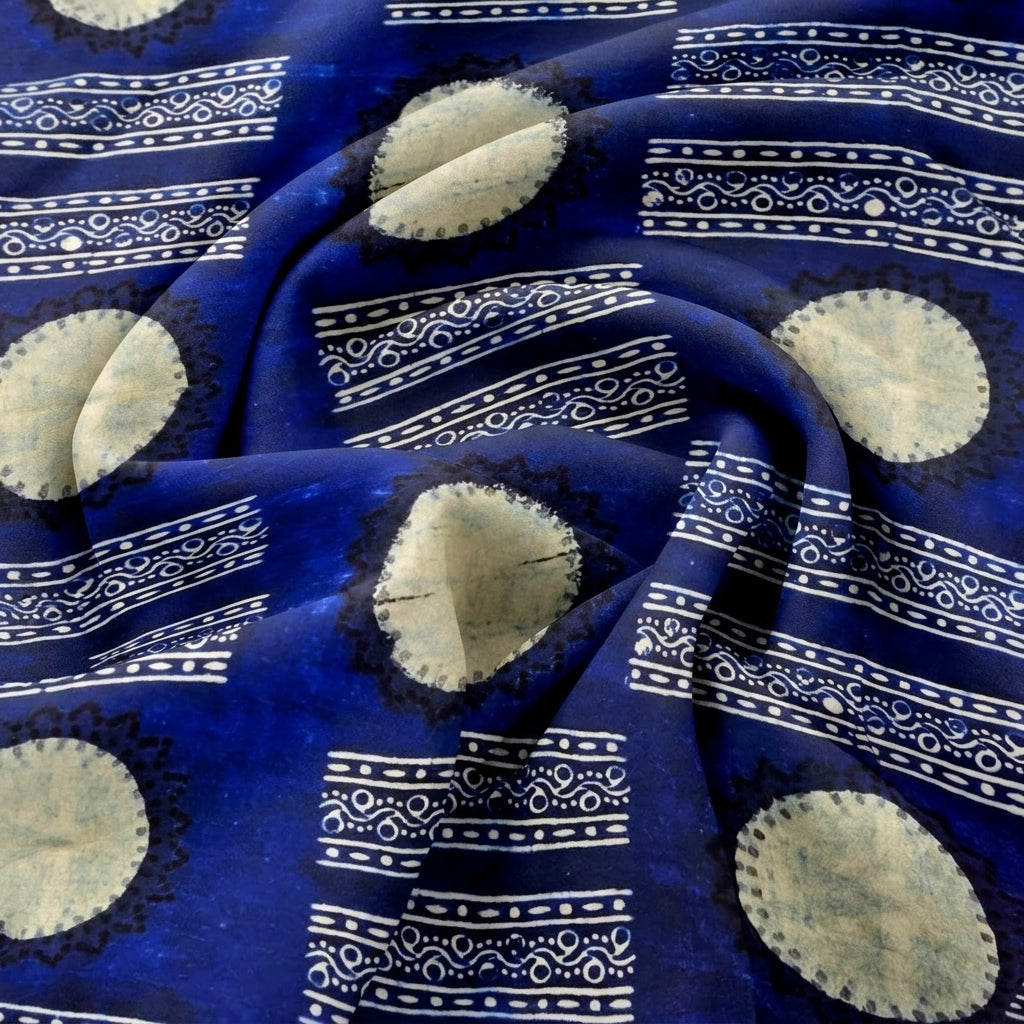 Swirled Royal Blue Abstract Viscose Georgette Fabric Showing Drape