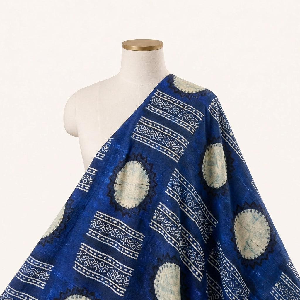 Royal Blue Abstract Viscose Georgette Fabric, draped as a saree