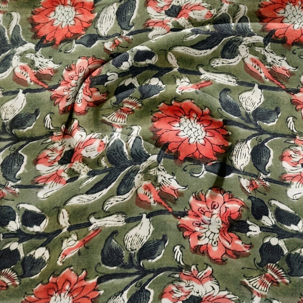 Swirled Green Floral Viscose Georgette Fabric Showing Drape