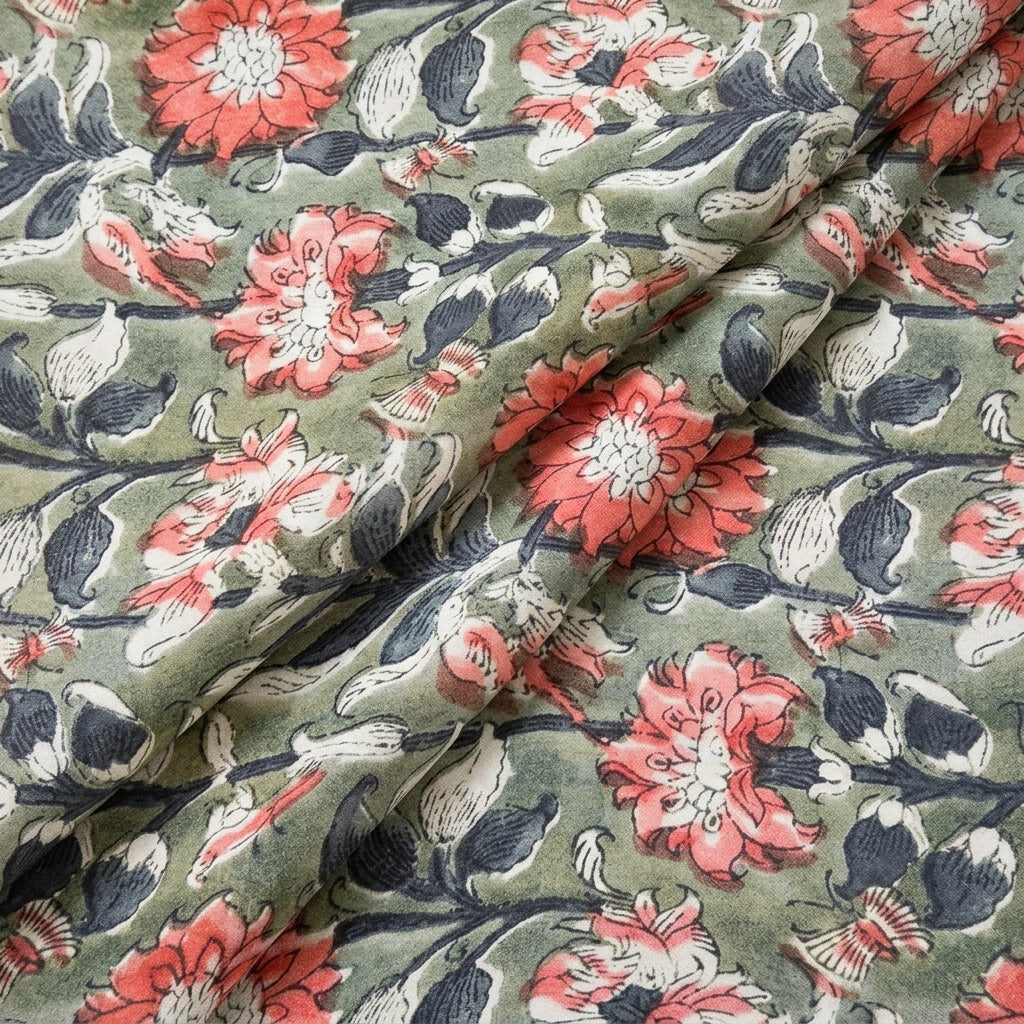 Folded Green Floral Viscose Georgette Fabric