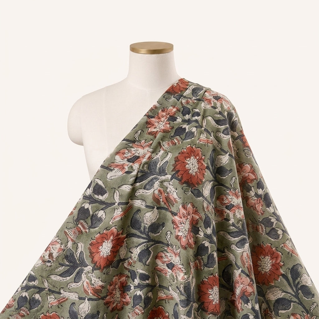 Green Floral Viscose Georgette Fabric Draped as a saree