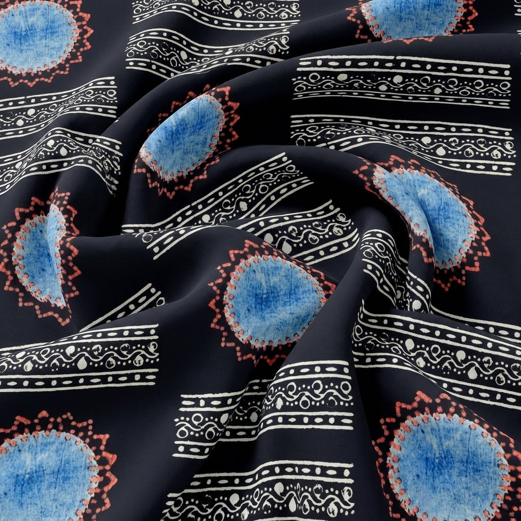 Swirled Black Abstract Viscose Georgette Fabric Showing Drape