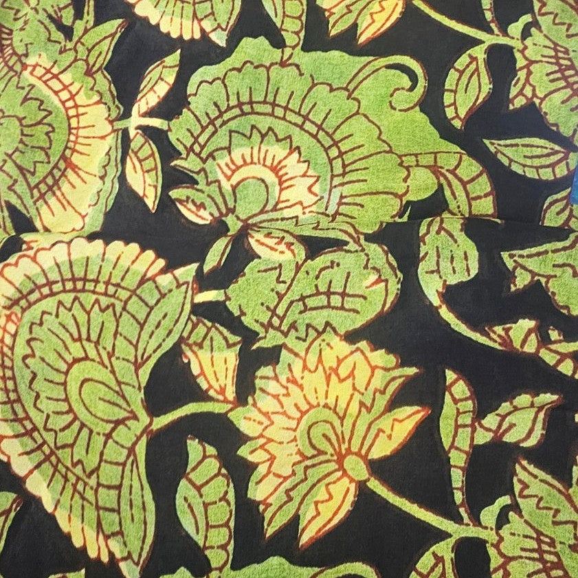 Black Floral Viscose Georgette Fabric, laid flat