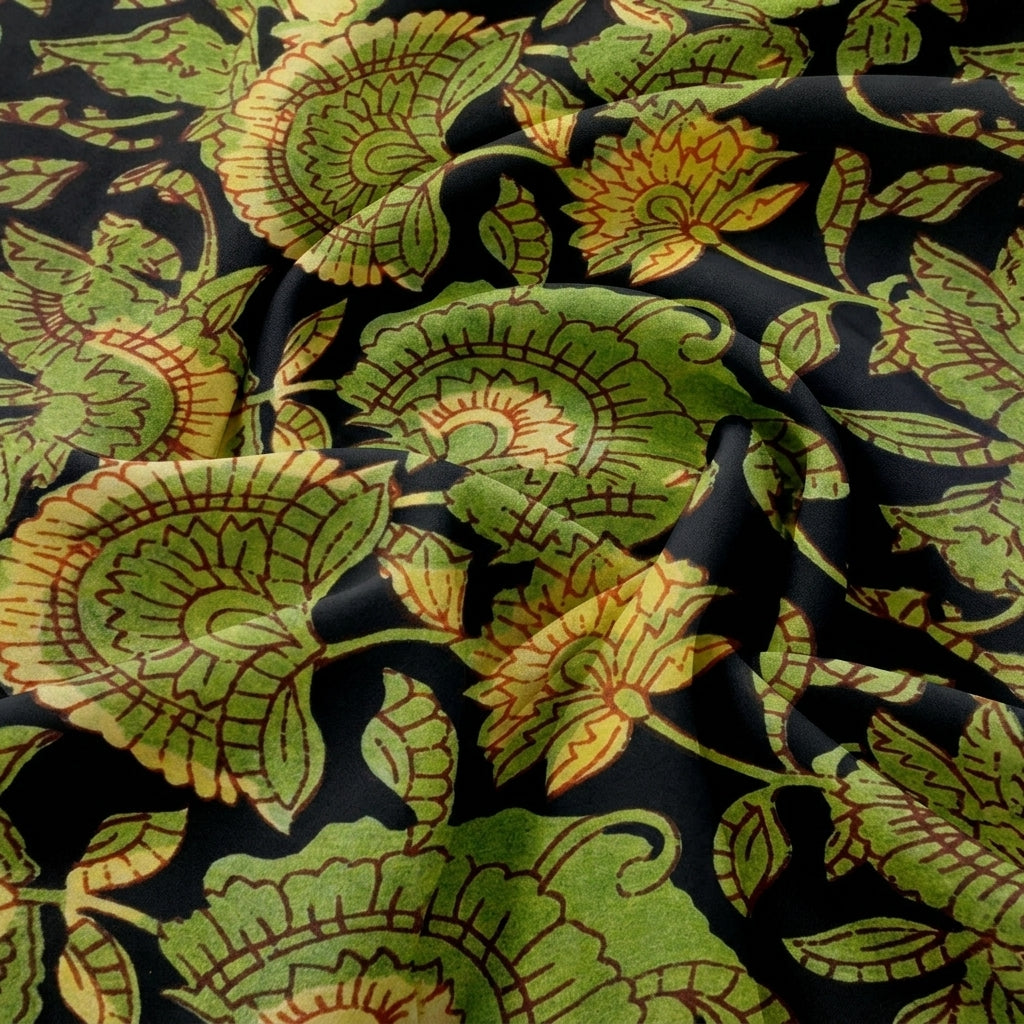 Swirled Black Floral Viscose Georgette Fabric Showing Drape