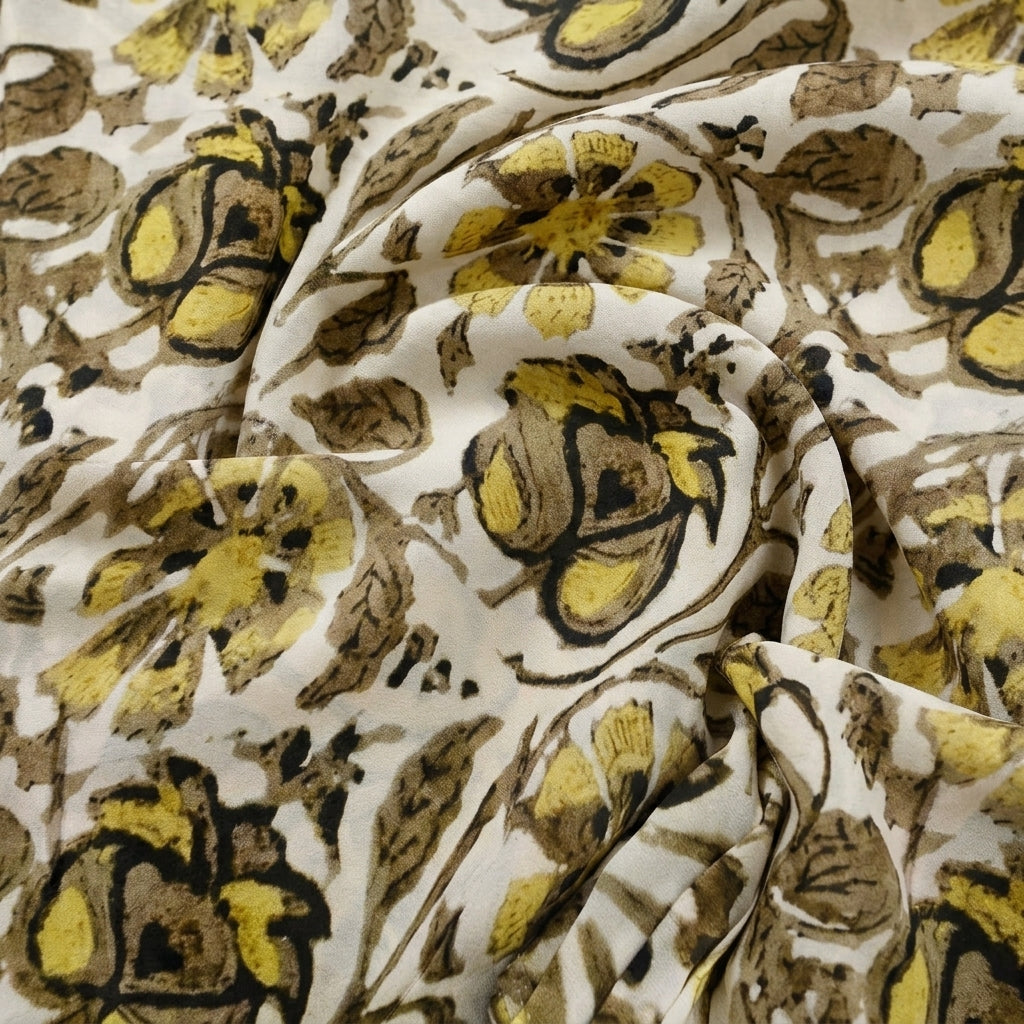 Swirled Cream Floral Viscose Georgette Fabric Showing Drape