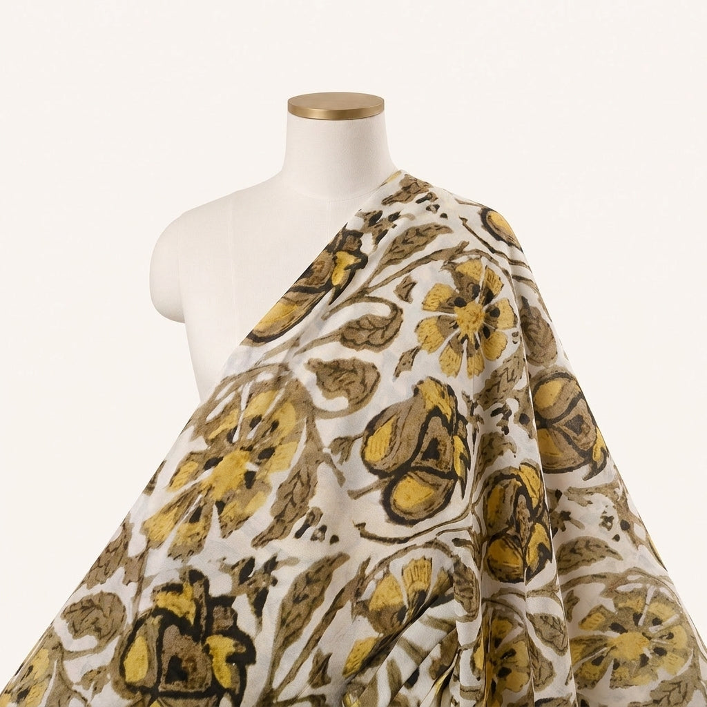 Cream Floral Viscose Georgette Fabric Draped as a saree