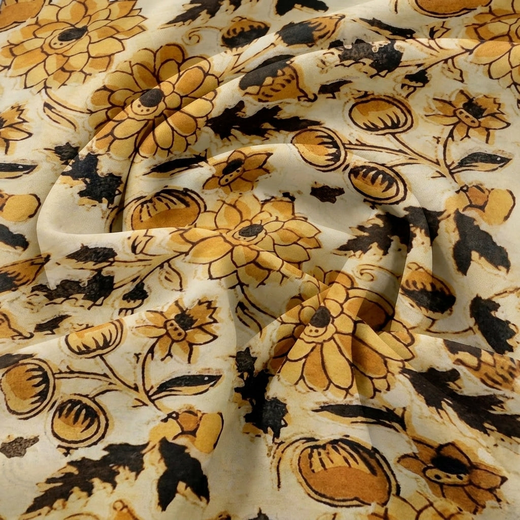 Swirled Light Orange Floral Viscose Georgette Fabric Showing Drape