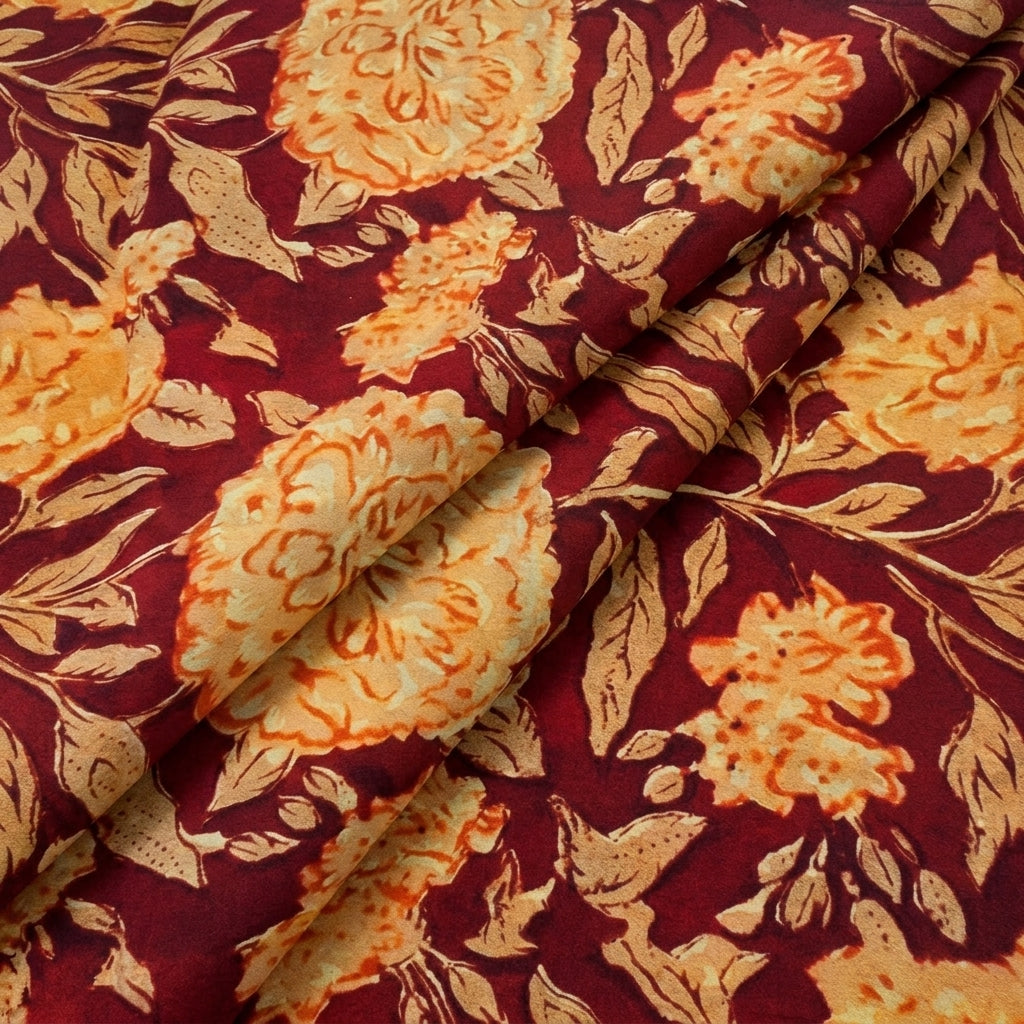 Folded Maroon Floral Viscose Georgette Fabric