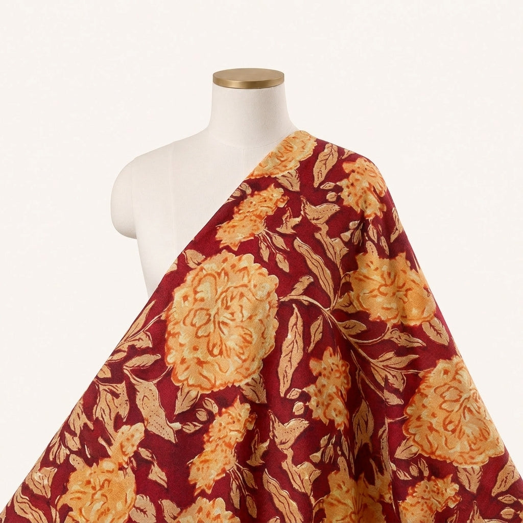 Maroon Floral Viscose Georgette Fabric Draped as a saree