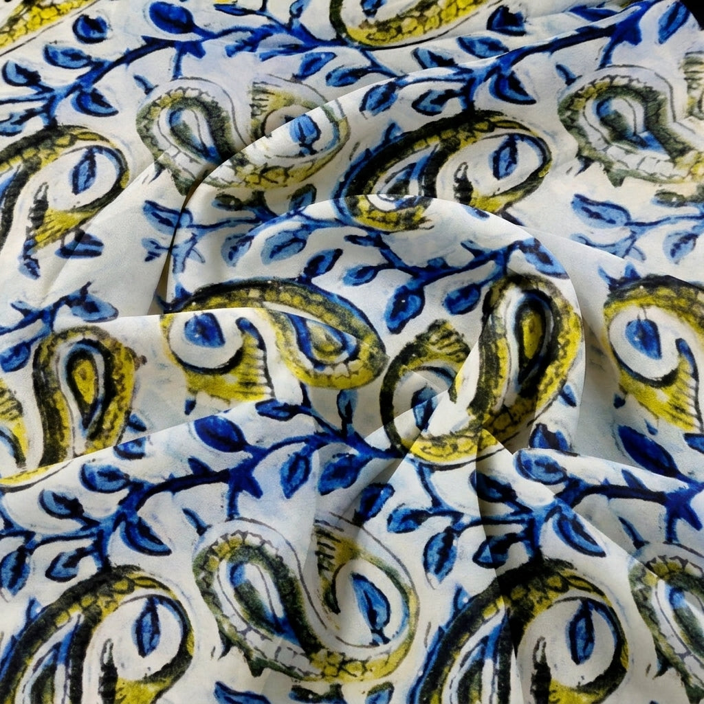 Swirled White Paisley Viscose Georgette Fabric Showing Drape