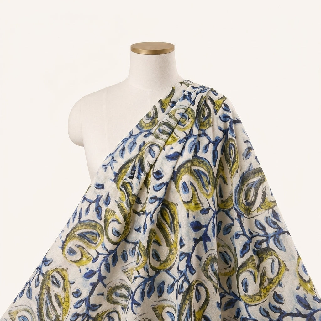 White Paisley Viscose Georgette Fabric Draped as a saree