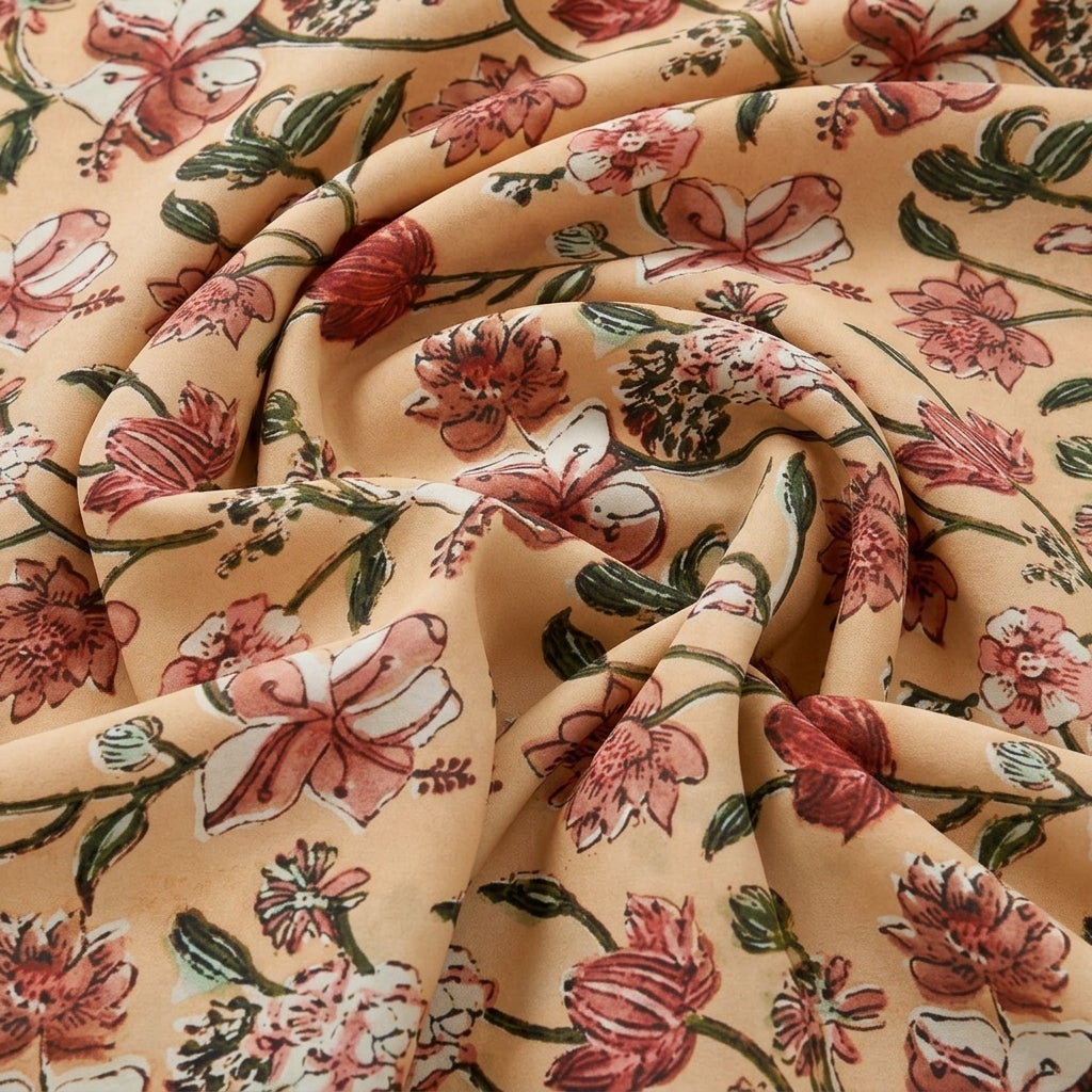 Swirled Peach Floral Viscose Georgette Fabric Showing Drape