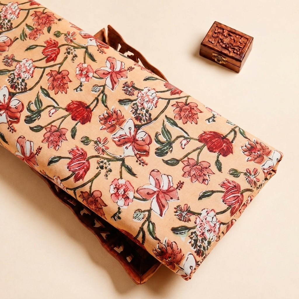 Peach Floral Viscose Georgette Fabric