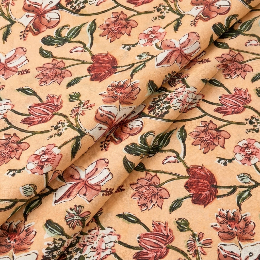 Folded Peach Floral Viscose Georgette Fabric