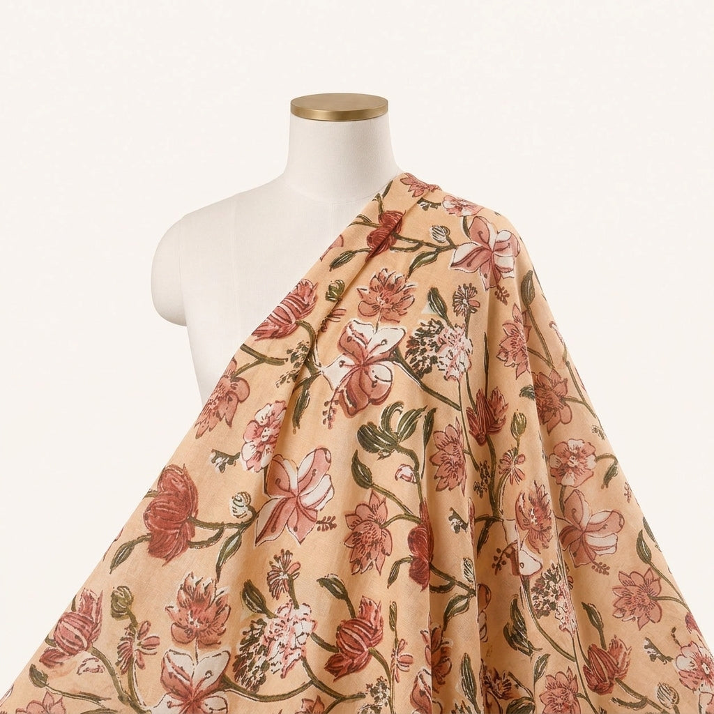 Peach Floral Viscose Georgette Fabric Draped as a saree
