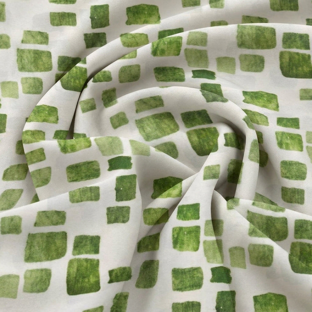 Swirled Cream Abstract Viscose Georgette Fabric Showing Drape