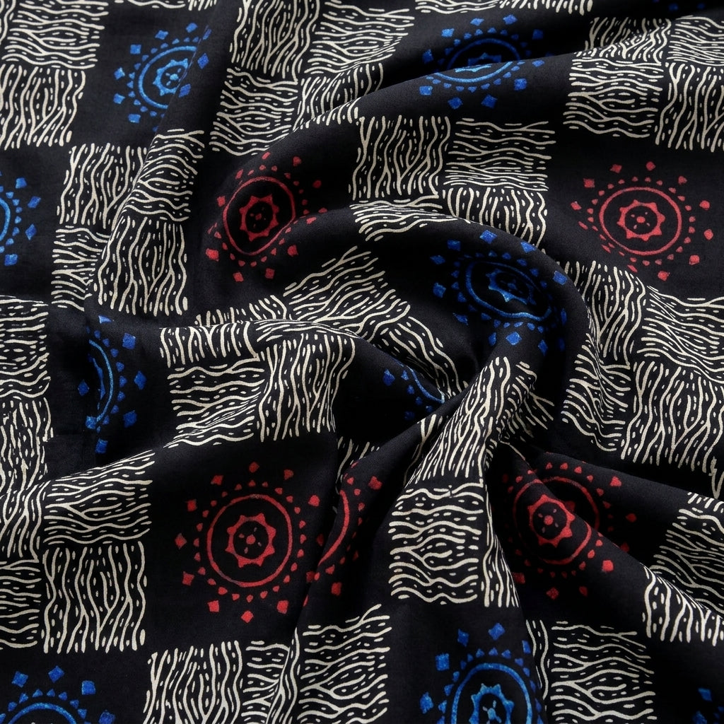 Swirled Black Abstract Viscose Georgette Fabric Showing Drape