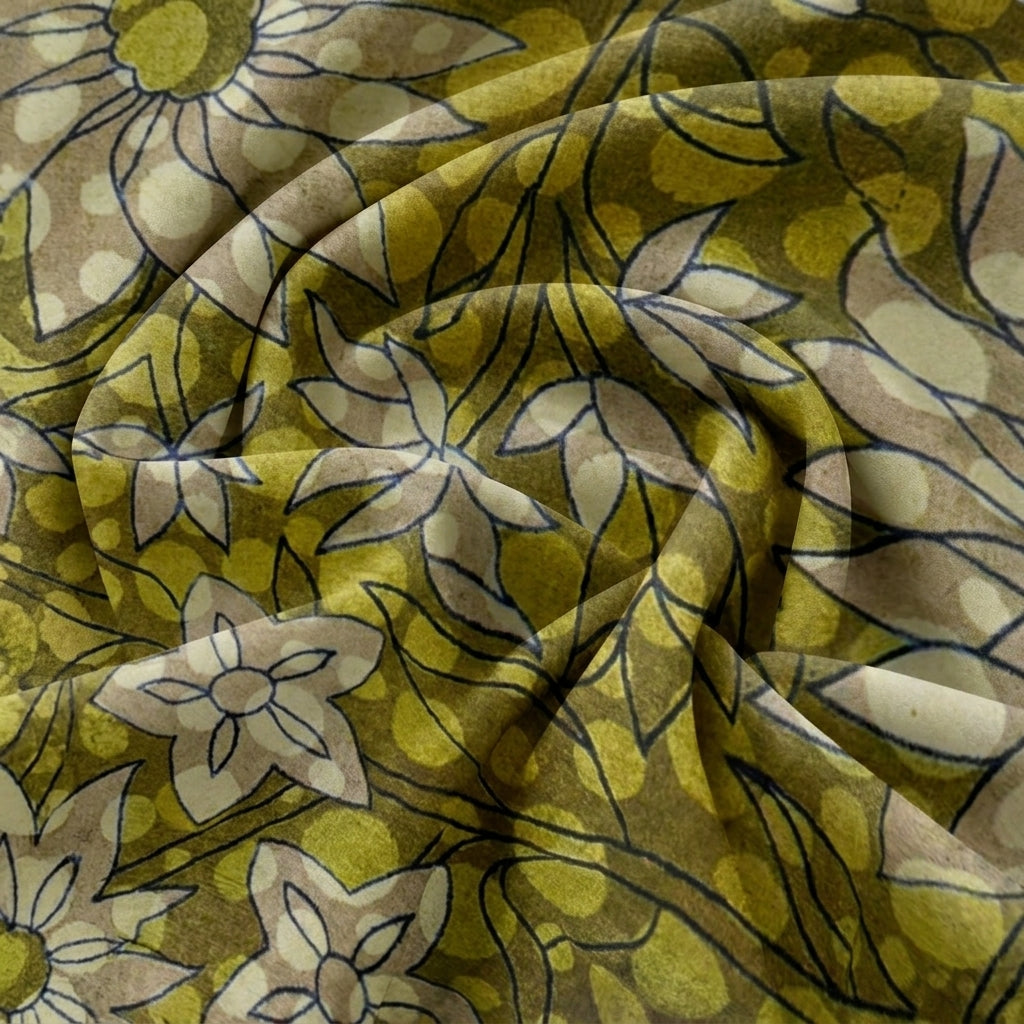Swirled Mustard Yellow Floral Viscose Georgette Fabric Showing Drape