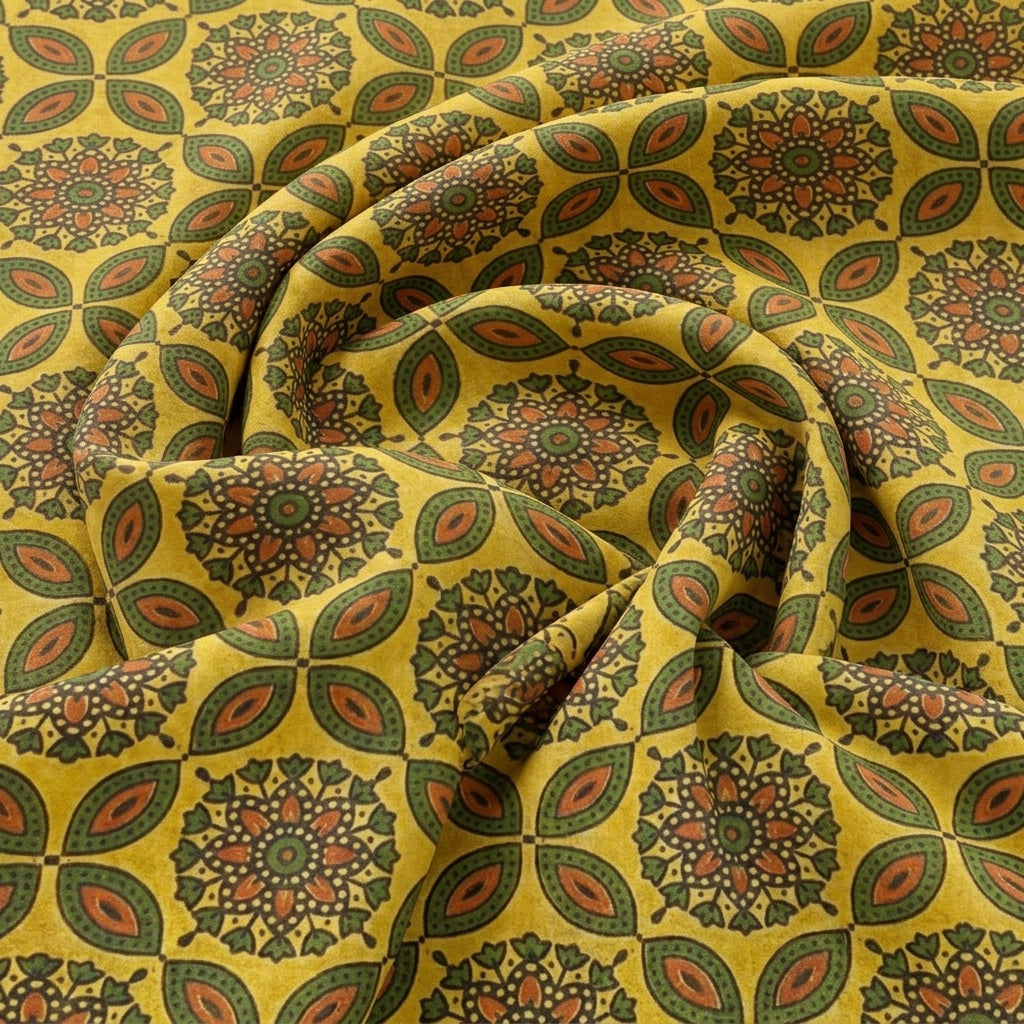 Swirled Yellow Floral Viscose Georgette Fabric Showing Drape