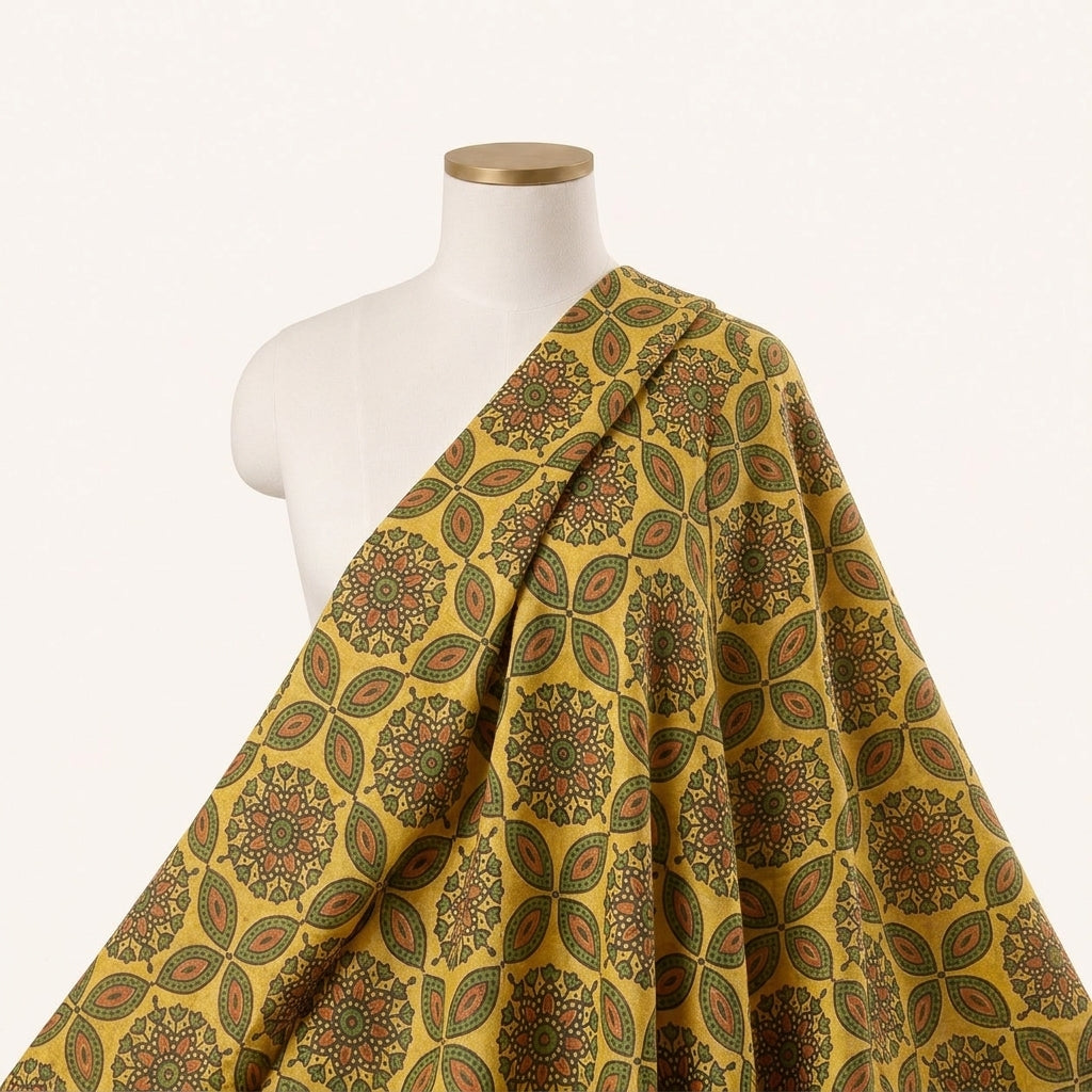 Yellow Floral Viscose Georgette Fabric Draped as a saree