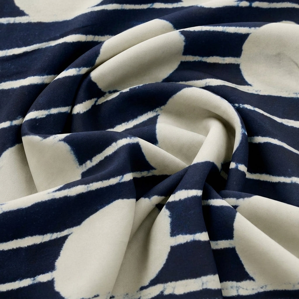 Swirled Indigo Striped Viscose Georgette Fabric Showing Drape