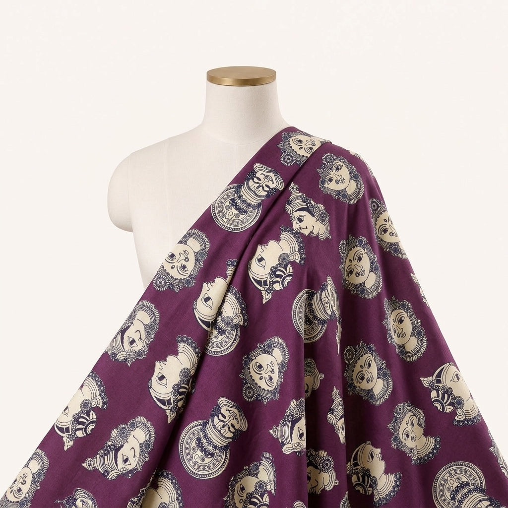 Wine Kalamkari Cotton Fabric Draped as a saree
