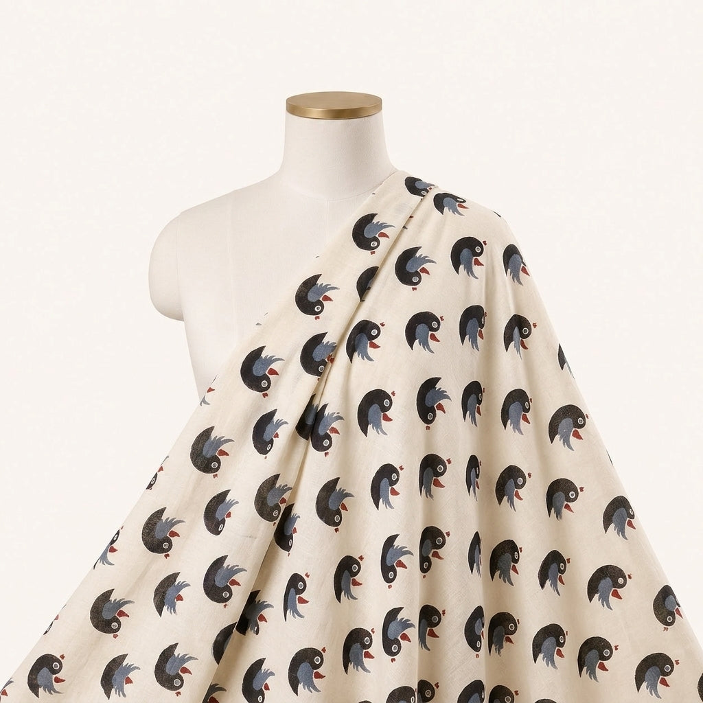 Cream Printed Cotton Fabric Draped as a saree