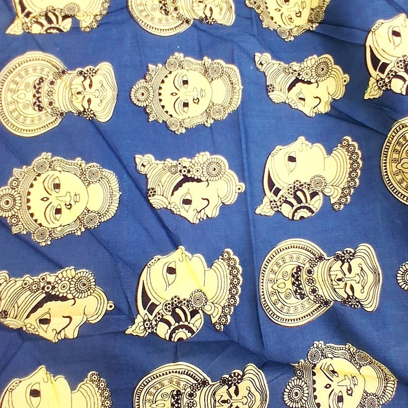 Blue Kalamkari Cotton Fabric, laid flat