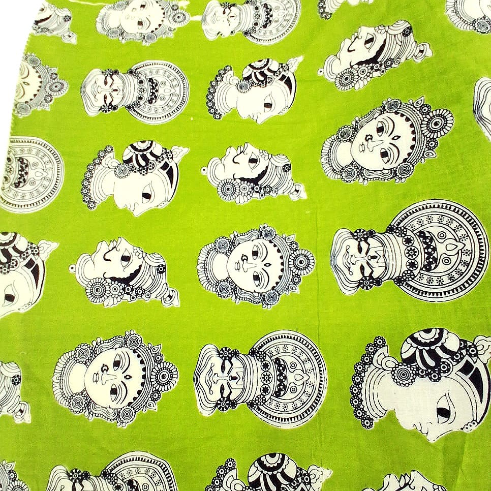 Green Kalamkari Cotton Fabric, laid flat