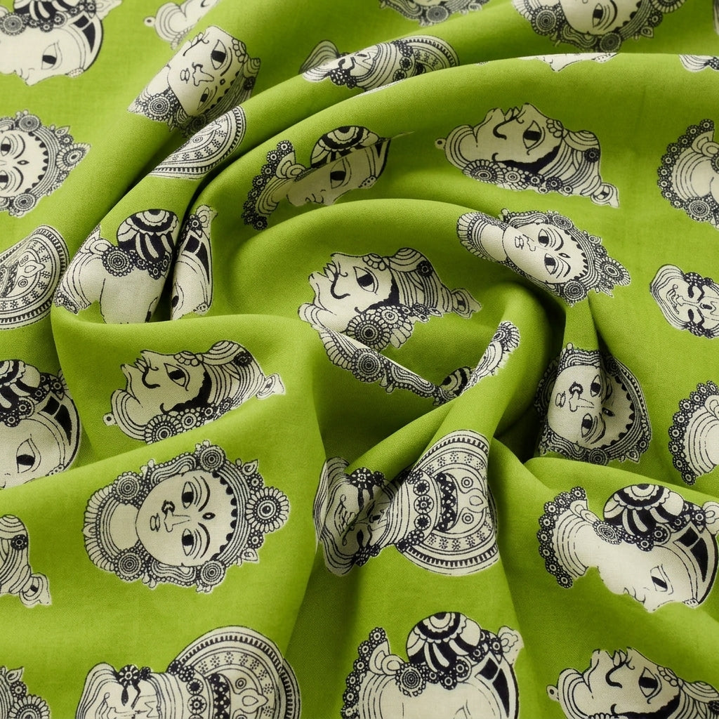 Swirled Green Kalamkari Cotton Fabric Showing Drape
