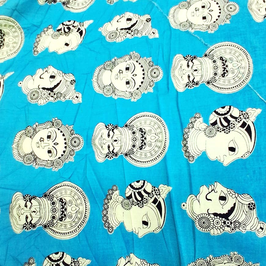 Teal Kalamkari Cotton Fabric, laid flat