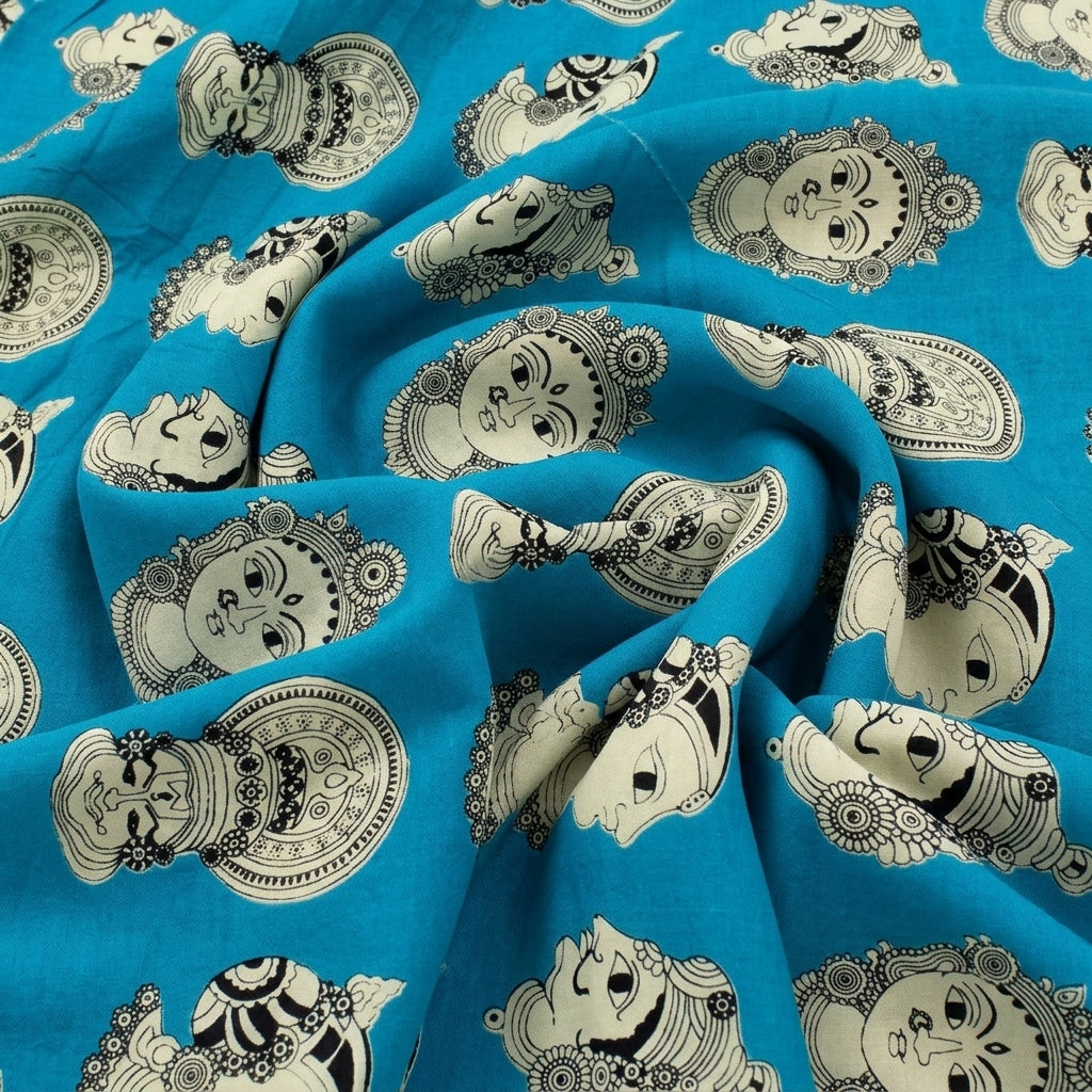 Swirled Teal Kalamkari Cotton Fabric Showing Drape