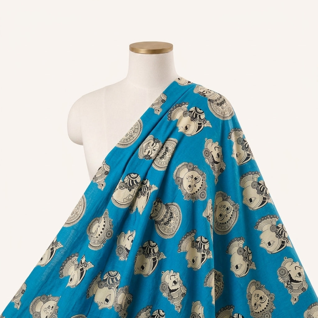 Teal Kalamkari Cotton Fabric Draped as a saree