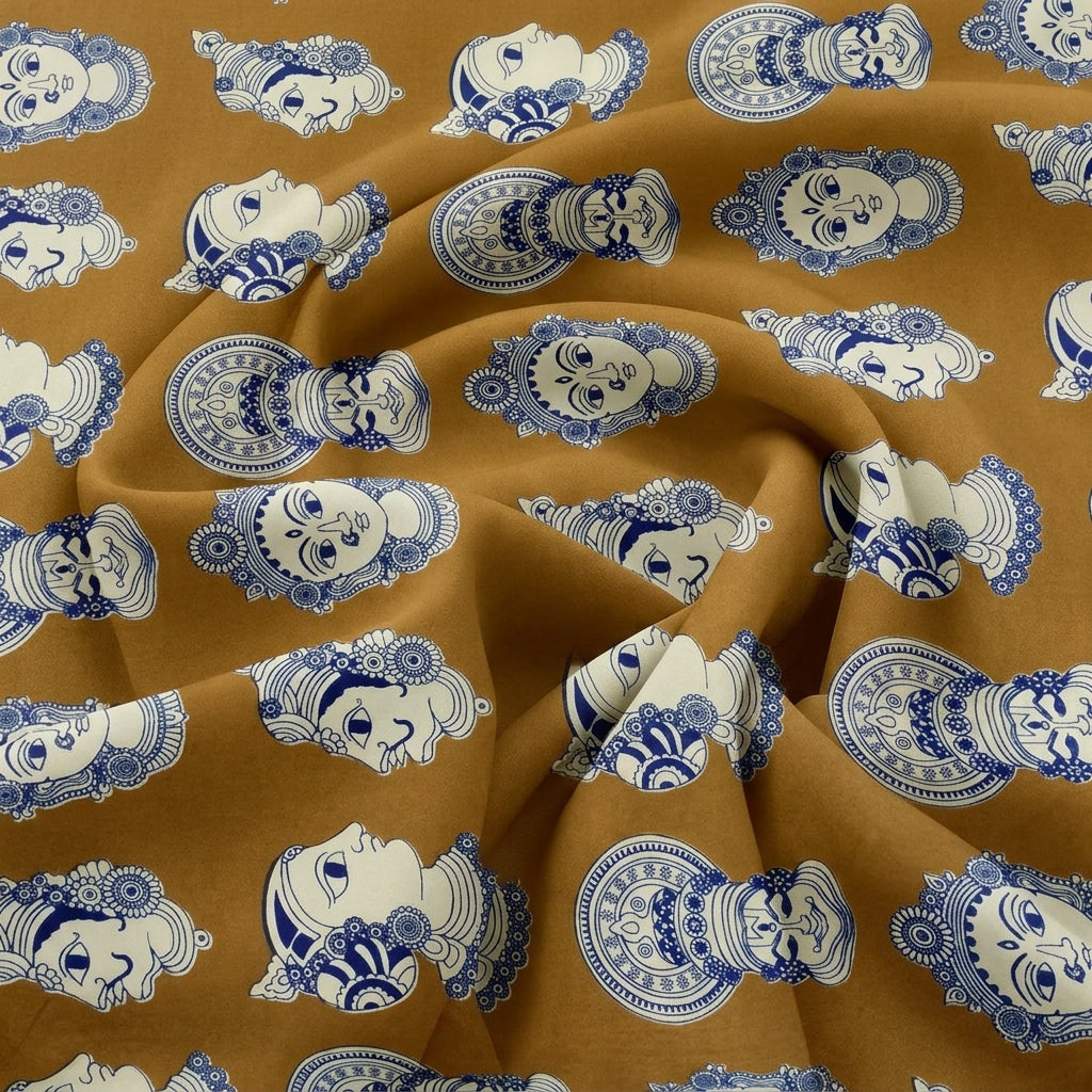 Swirled Mustard Kalamkari Cotton Fabric Showing Drape