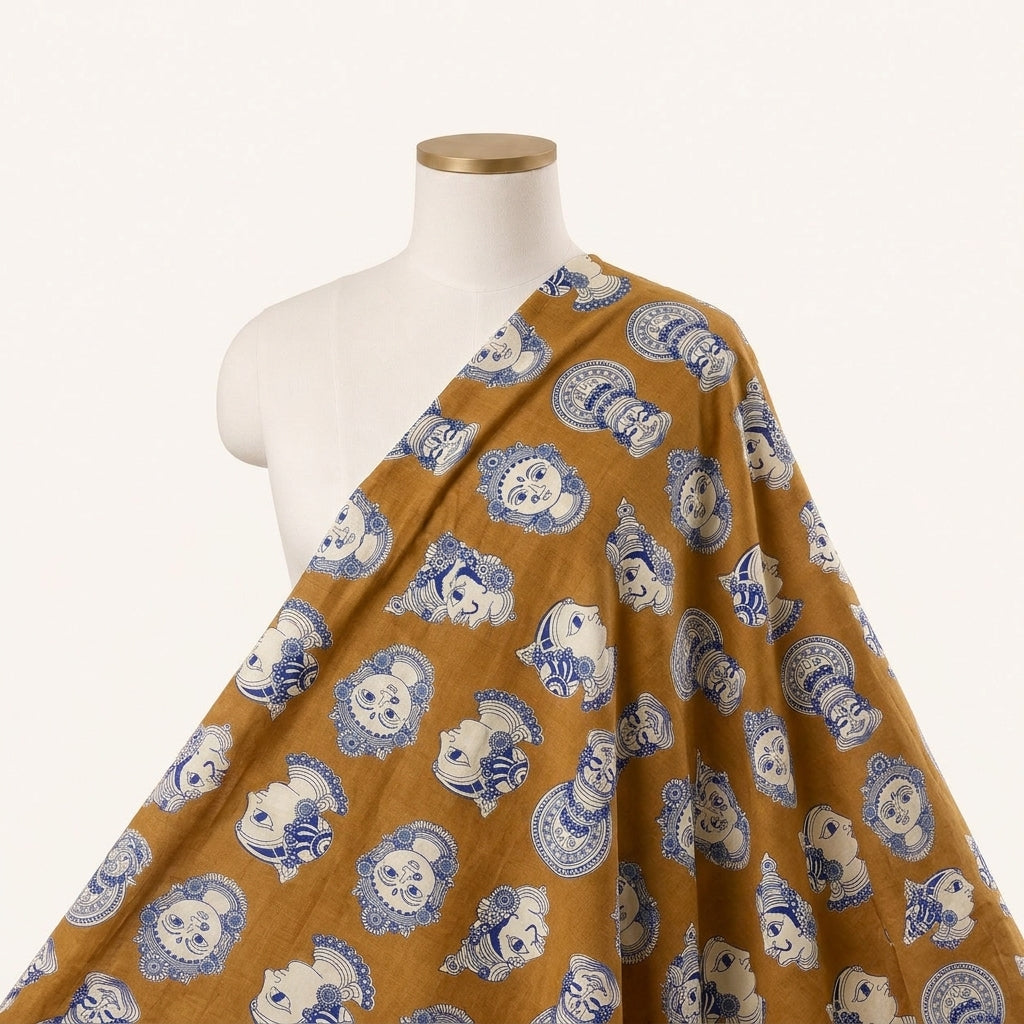 Mustard Kalamkari Cotton Fabric Draped as a saree