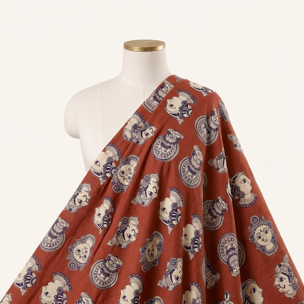 Rust Kalamkari Cotton Fabric Draped as a saree