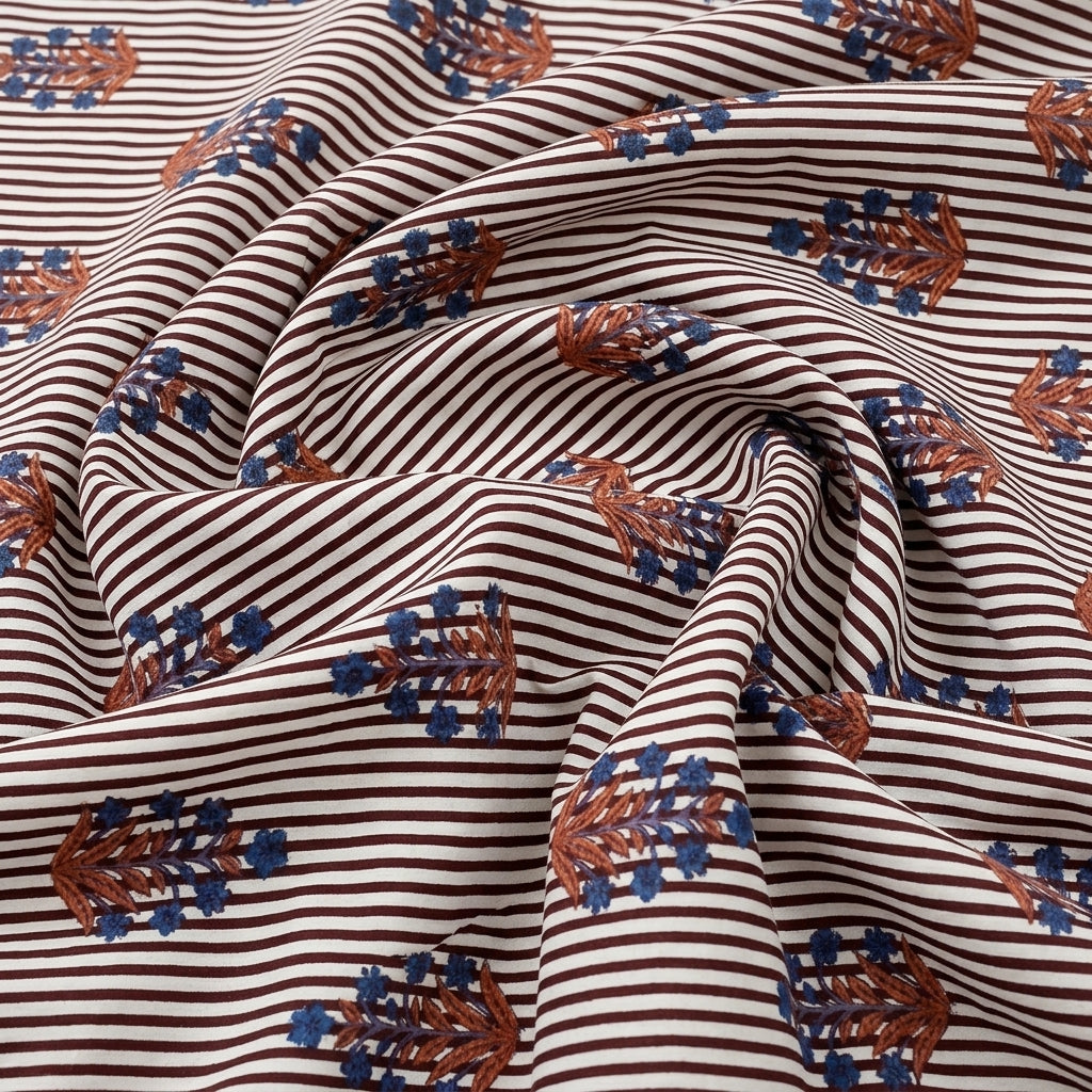 Swirled Maroon Striped Cotton Fabric Showing Floral and Drape