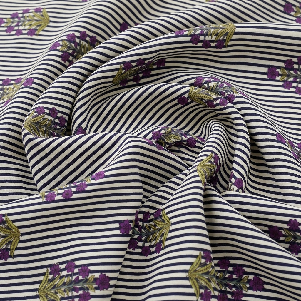 Swirled Blue Striped Cotton Fabric Showing Floral and Drape