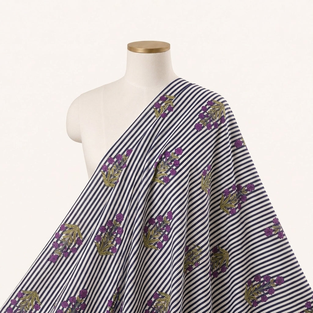 Blue Striped Cotton Fabric Draped as a saree