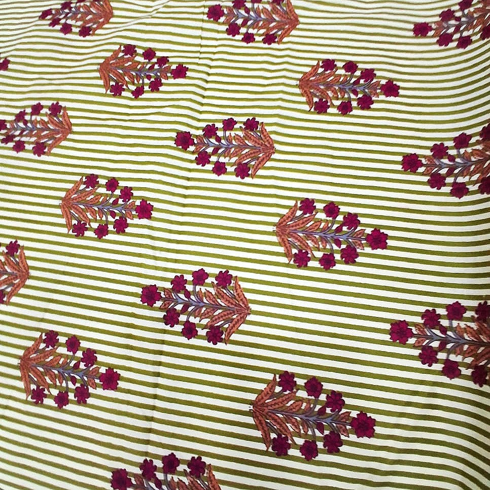 Green Striped Cotton Fabric, laid flat