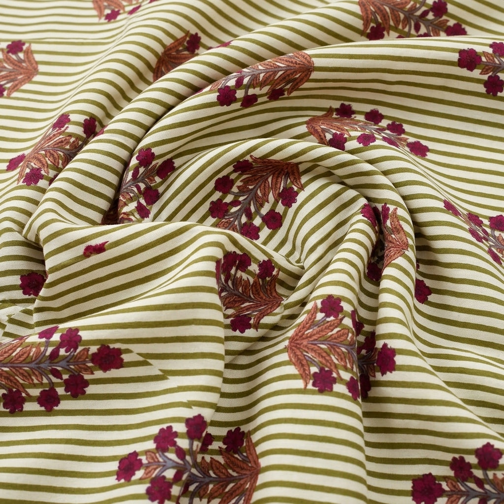 Swirled Green Striped Cotton Fabric Showing Floral and Drape