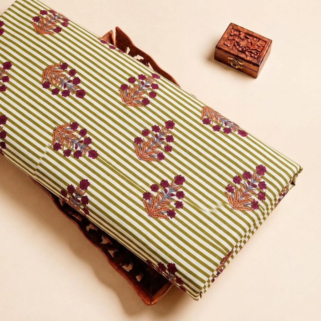Green Striped Cotton Fabric with Floral