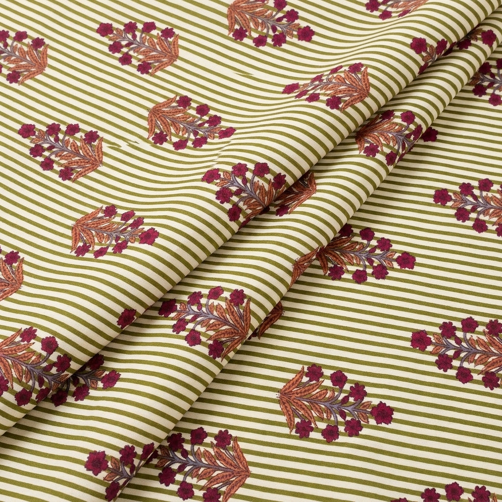 Folded Green Striped Cotton Fabric