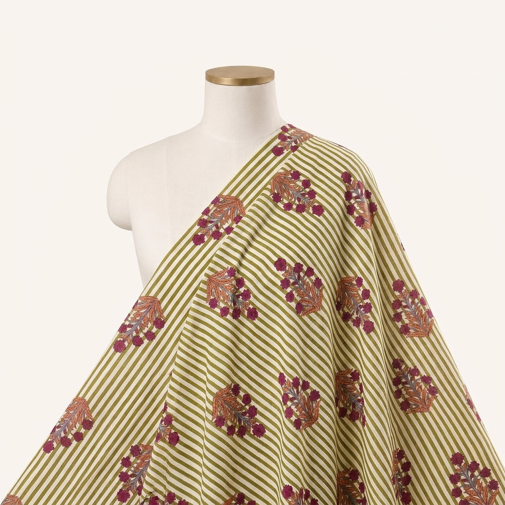 Green Striped Cotton Fabric Draped as a saree