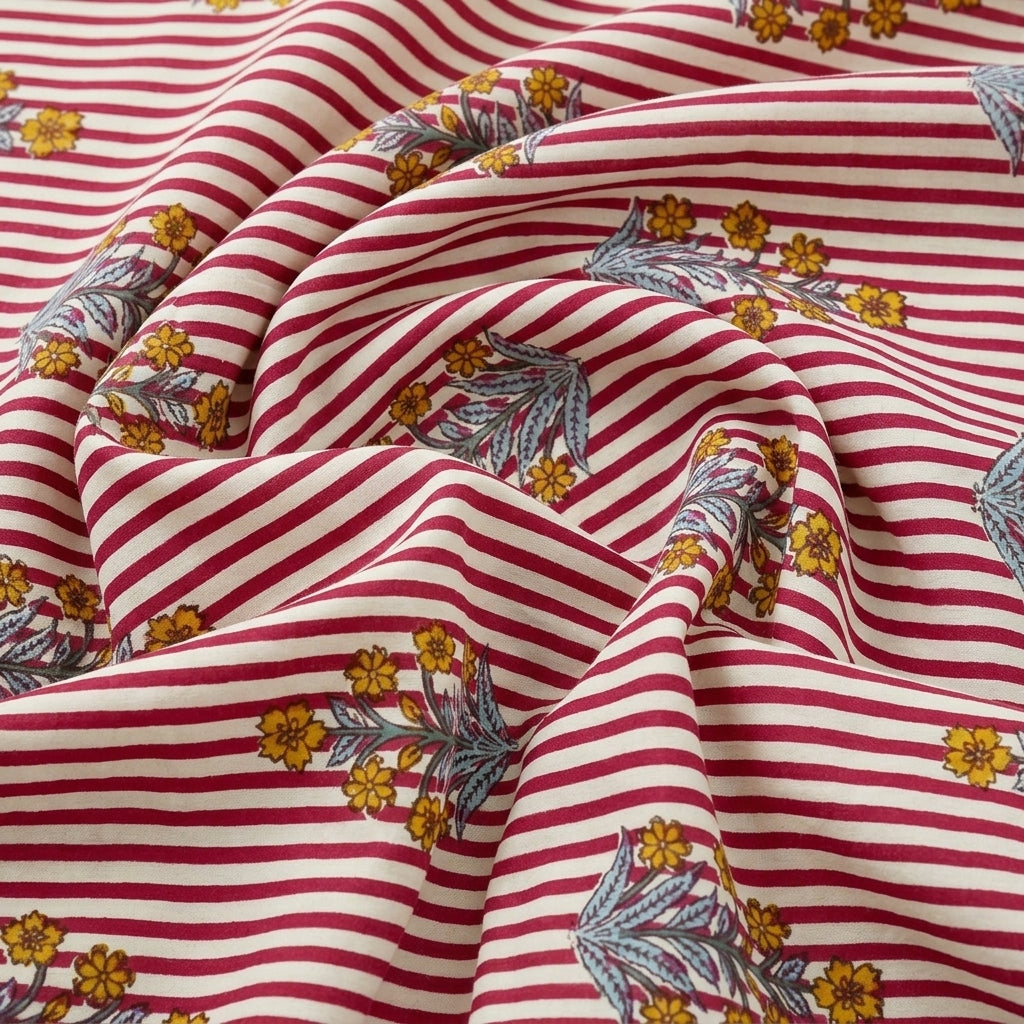 Swirled Red Striped Cotton Fabric Showing Floral and Drape