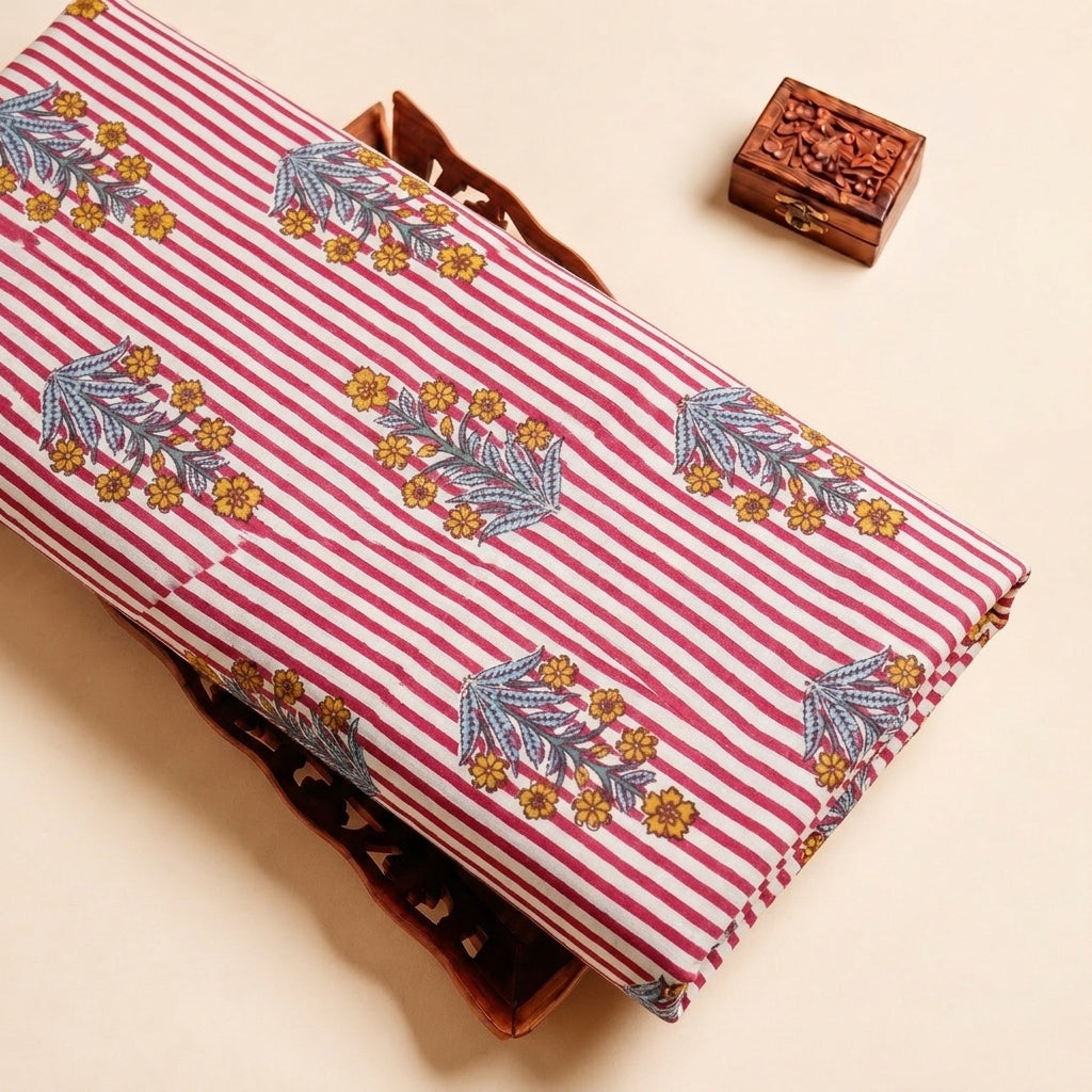 Red Striped Cotton Fabric with Floral